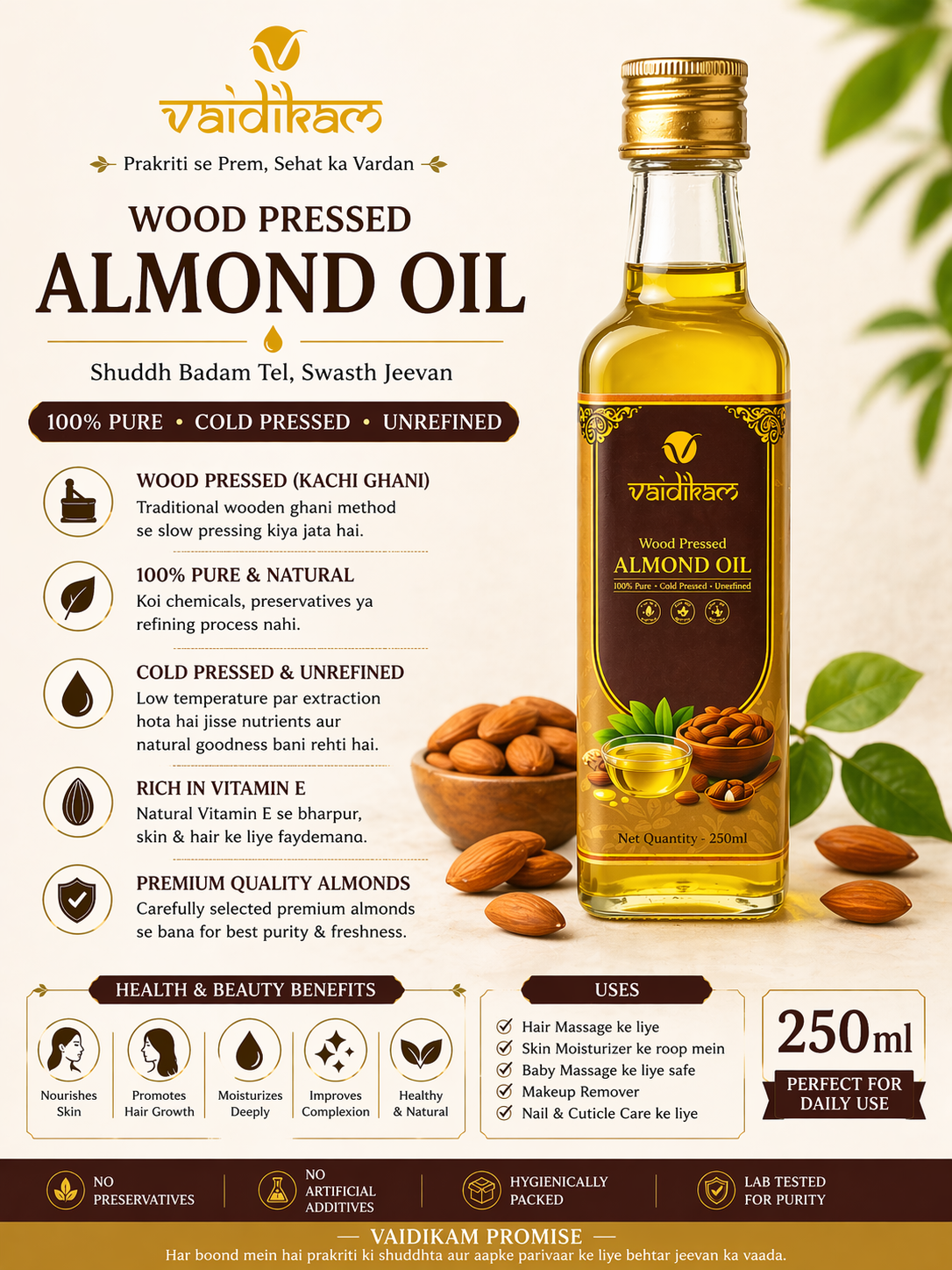 Vaidikam Wood Pressed Almond Oil – 250 ml Vaidikam Products Pvt Ltd