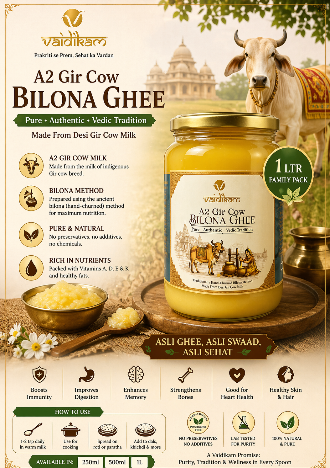 Vaidikam A2 Gir Cow Bilona Ghee – Shuddh Parampara ka Asli Swad ( 1000 ml) Vaidikam Products Pvt Ltd