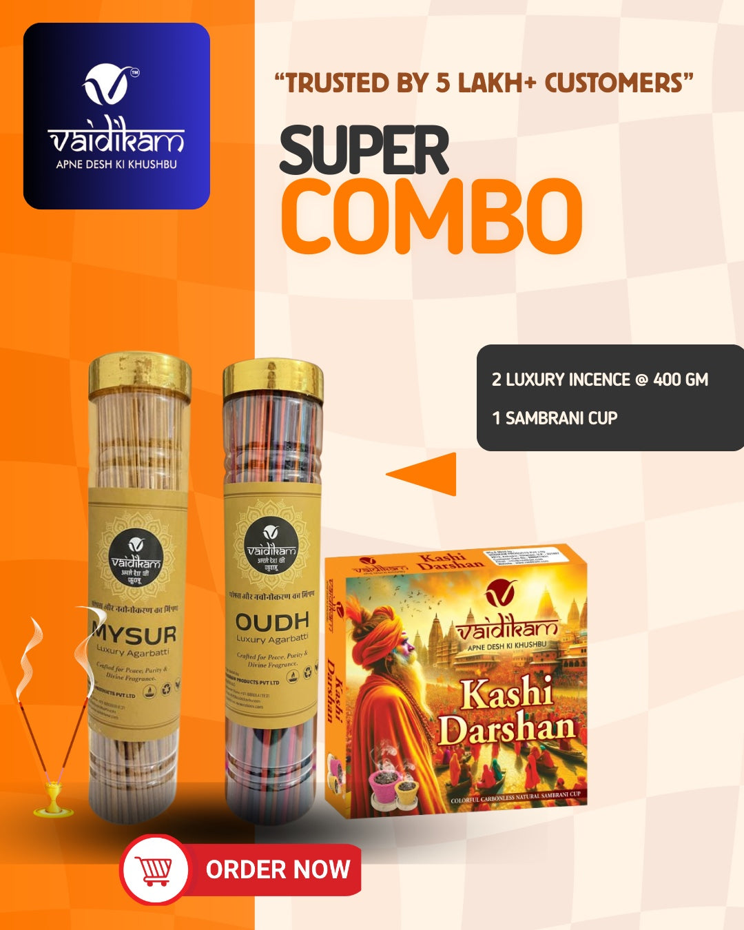 Vaidikam Super Combo – Mysur & Oudh Luxury Agarbatti (400g Each) + Kashi Darshan Sambrani Cup Vaidikam Products Pvt Ltd
